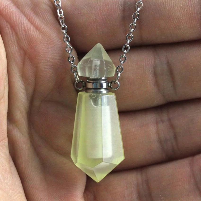 Natural Crystal Stone Perfume Bottle Pendants Necklace Fluorite Rose Pink Quartz Hexagon Point Essential Oil Diffuser Jewelry