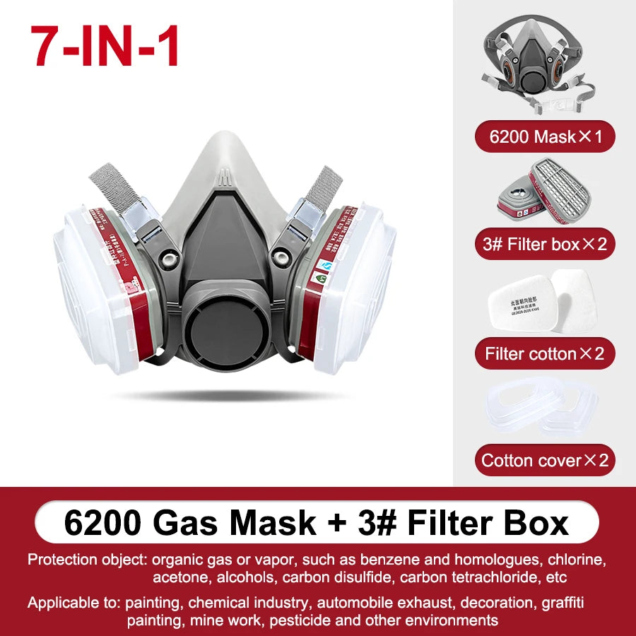 7 IN 1 Gas Mask Painting Spray Respirator Sets 95% Dust Particle Filtration Organic Acid Ammonia Chemicals Proof Resin Work Safe