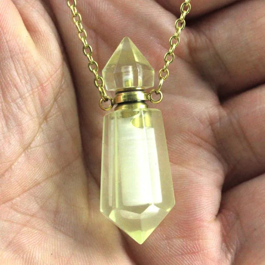 Natural Crystal Stone Perfume Bottle Pendants Necklace Fluorite Rose Pink Quartz Hexagon Point Essential Oil Diffuser Jewelry