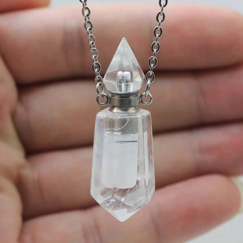 Natural Crystal Stone Perfume Bottle Pendants Necklace Fluorite Rose Pink Quartz Hexagon Point Essential Oil Diffuser Jewelry