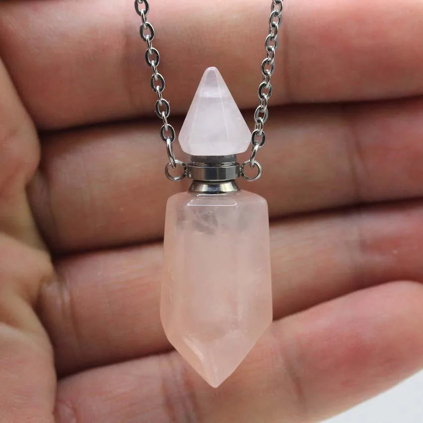 Natural Crystal Stone Perfume Bottle Pendants Necklace Fluorite Rose Pink Quartz Hexagon Point Essential Oil Diffuser Jewelry