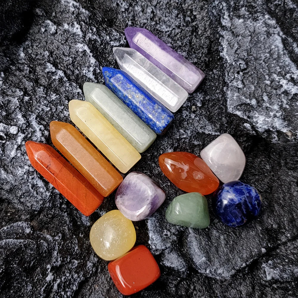 Seven Chakra Hexagonal Column Point Wand Natural Crystal Power Healing Stone Set Amethyst Clear Quartz Healing Gemstones Crafts