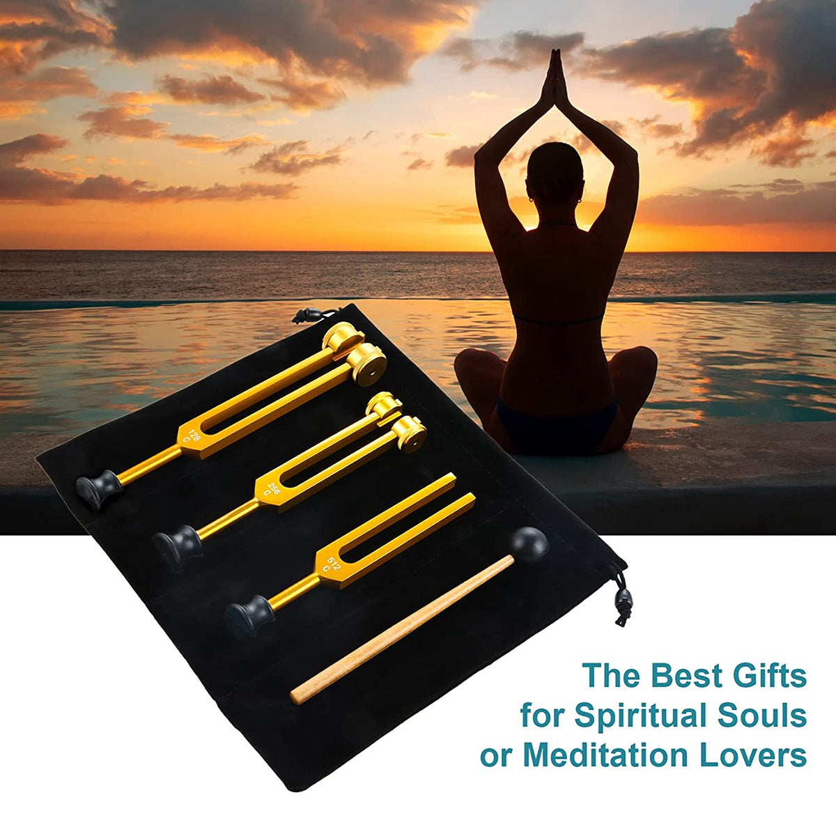 3Pack Tuning Fork Set(128Hz, 256Hz, 512Hz) Tuning Fork Kit for Healing, Chakra, Sound Therapy, Sonic Slider Fork (Gold)