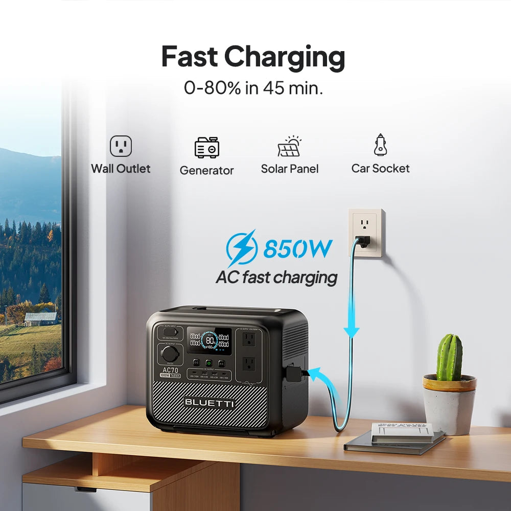 BLUETTI AC70 Portable Power Station – 768Wh, 1000W Output, 2000W Surge, Turbo Charging, Solar Compatible