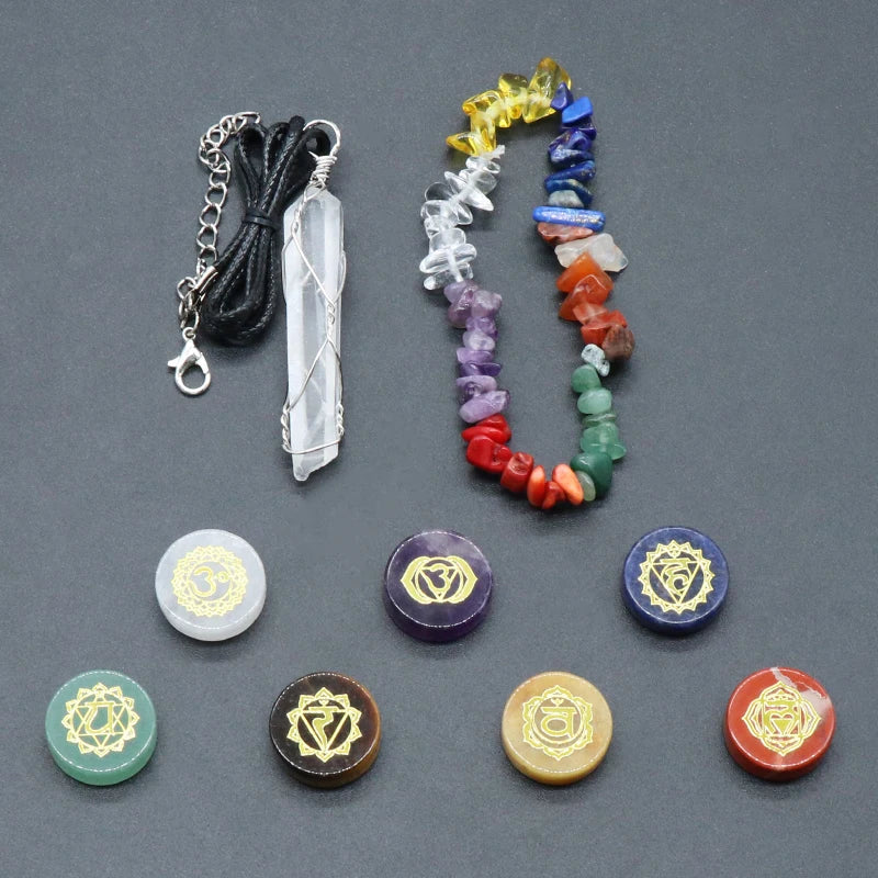 9Pcs Natural Crystal Stone Set Chakra Healing Gemstone Quartz Mineral Ornament Gemstone Resin Pendant Gifts Box Home Decor Gift