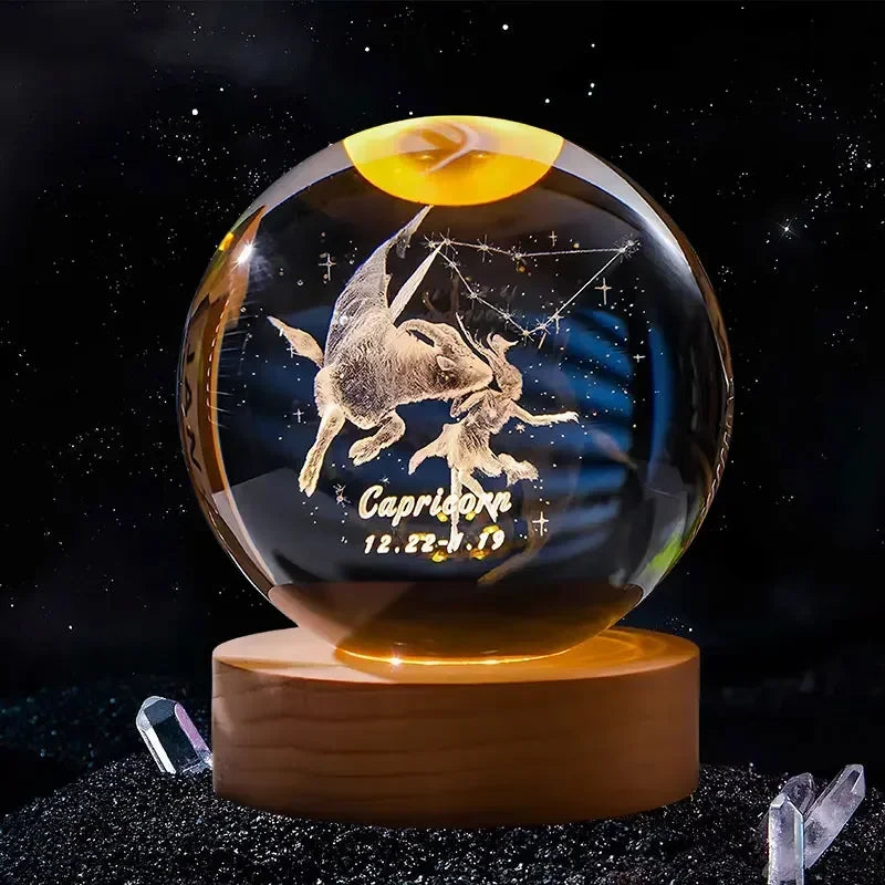 12 Constellation 3DGlass Craft Decoration Crystal Ball Laser Engraved Birthday  Solar System Gift Wooden Base Home Desktop Decor