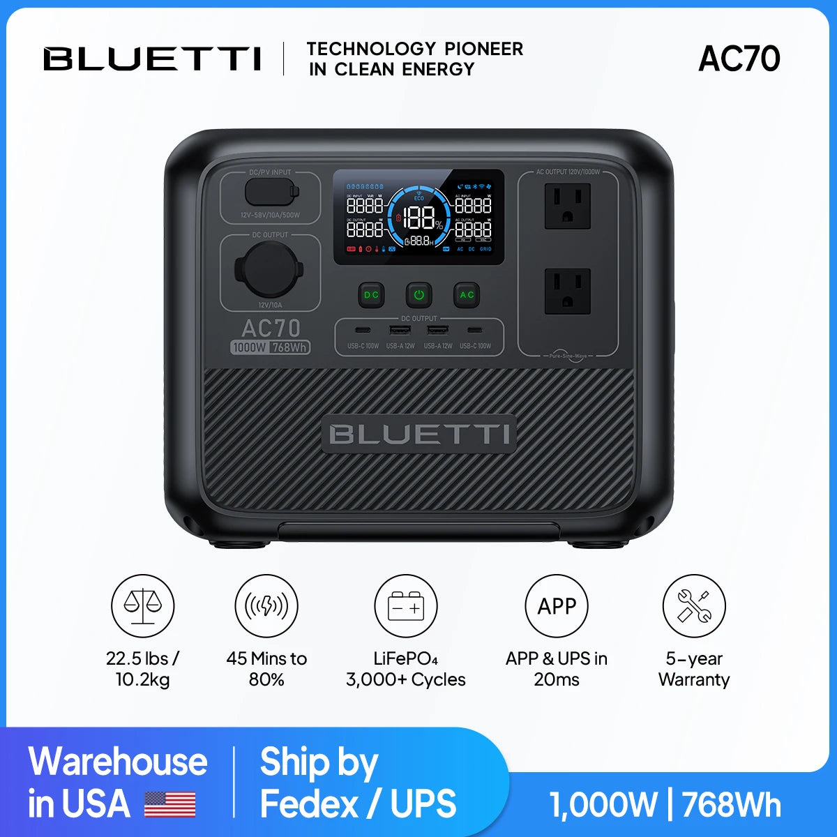 BLUETTI AC70 Portable Power Station – 768Wh, 1000W Output, 2000W Surge, Turbo Charging, Solar Compatible