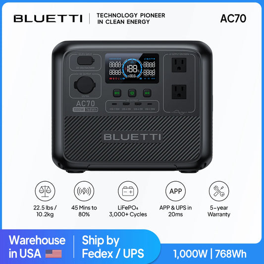 BLUETTI AC70 Portable Power Station – 768Wh, 1000W Output, 2000W Surge, Turbo Charging, Solar Compatible
