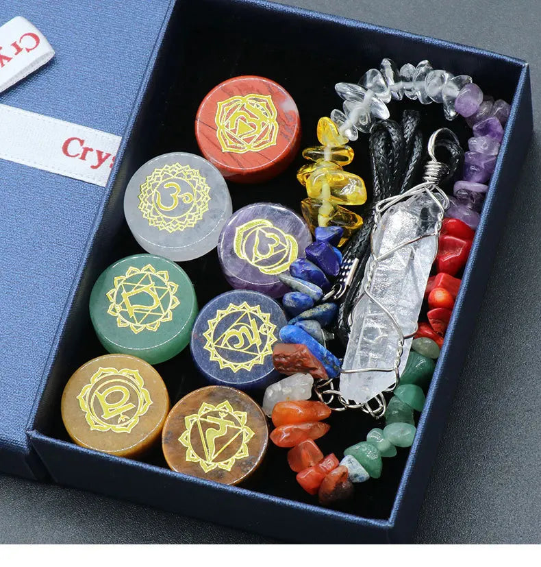 11pcs/Set with Gift Box Natural Healing Crystal Stone Chakras Bracelet Quartz Mineral Ornaments Crafts Hexagon Pendant Necklaces