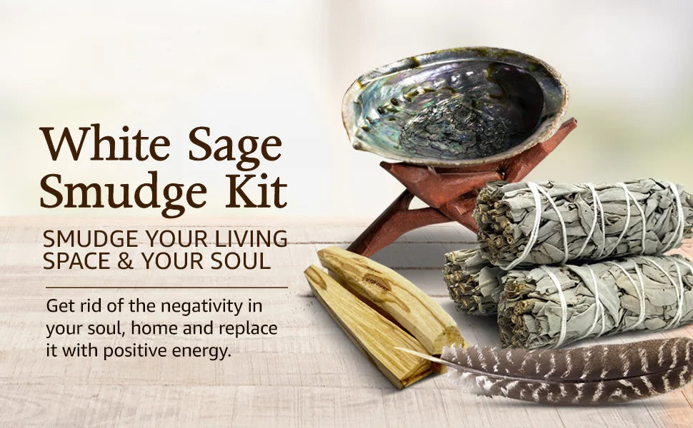 Home Cleansing & Smudging Kit with White Sage, Cedar, Rose Sage, Blue Sage, Palo Santo, Abalone & Stand, Smudge Feather Yoga Set