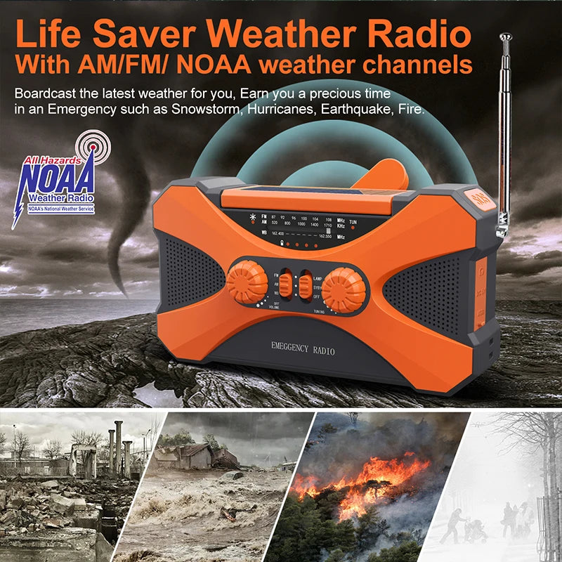 10000mAh Multifunctional Radio Hand Crank Solar USB Charging FM AM WB NOAA Weather Radio Emergency LED Flashlight Torch Power