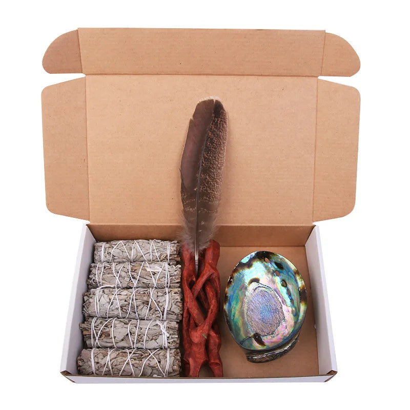 Home Cleansing & Smudging Kit with White Sage, Cedar, Rose Sage, Blue Sage, Palo Santo, Abalone & Stand, Smudge Feather Yoga Set