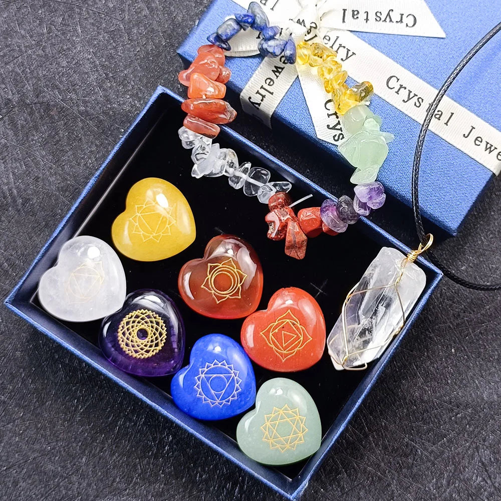 11pcs/Set with Gift Box Natural Healing Crystal Stone Chakras Bracelet Quartz Mineral Ornaments Crafts Hexagon Pendant Necklaces