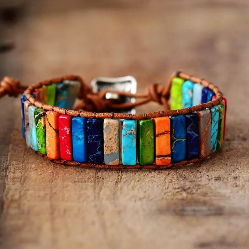 Bohemian Multicolor Emperor Stone Bracelet 7 Chakra Healing Rectangular Stones Bracelet Leather Rope Woven Bangle Wrist Jewelry