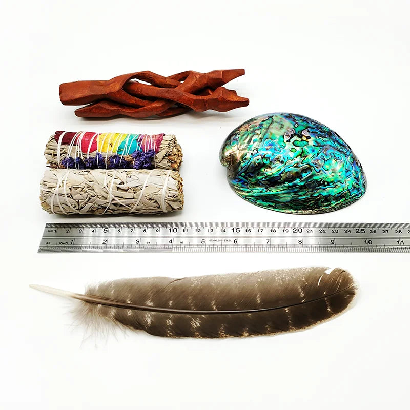 Home Cleansing & Smudging Kit with White Sage, Cedar, Rose Sage, Blue Sage, Palo Santo, Abalone & Stand, Smudge Feather Yoga Set