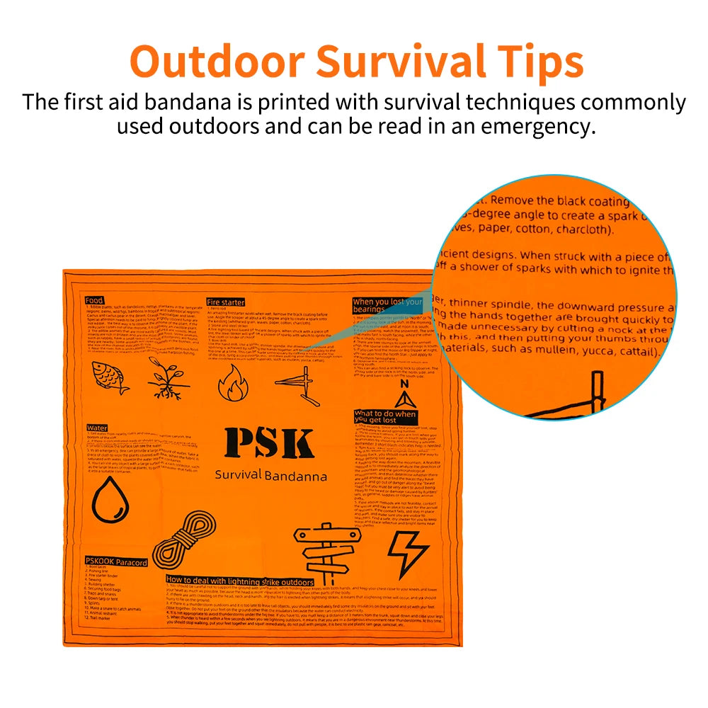 Survival Bandana with Heavy Duty Construction, Easy to Read Tips and High Vis Orange for Backpacking, Camping, Hiking, Emergency