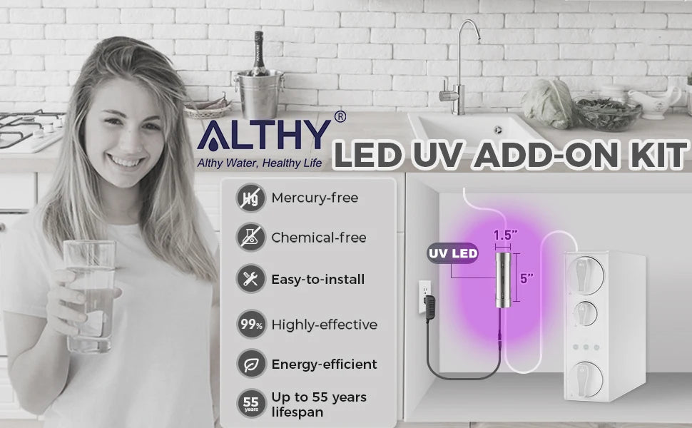 ALTHY LED UV Ultraviolet Water Sterilizer for Under Sink Water Filter / RO Purifier System Mercury-Free Stainless 50 Year Life