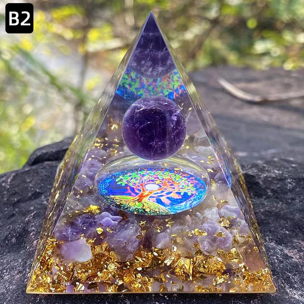 6cm Energy Pyramid Orgonite Reiki Natural Amethyst Ball Healing Crystal Chakra Tool Ornaments Resin Stones Home Decoration Gifts