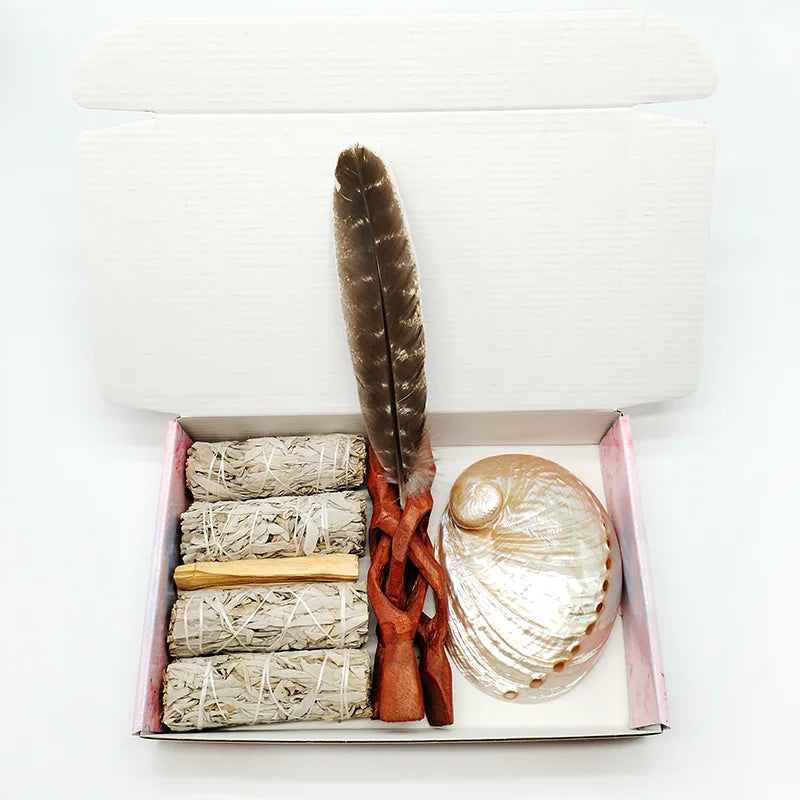 Home Cleansing & Smudging Kit with White Sage, Cedar, Rose Sage, Blue Sage, Palo Santo, Abalone & Stand, Smudge Feather Yoga Set