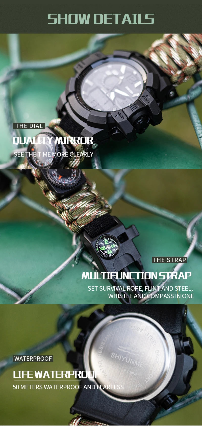 Outdoor Survival Watch Multifunctional Waterproof Military Tactical Paracord Watch Bracelet Camping Hiking Emergency Gear