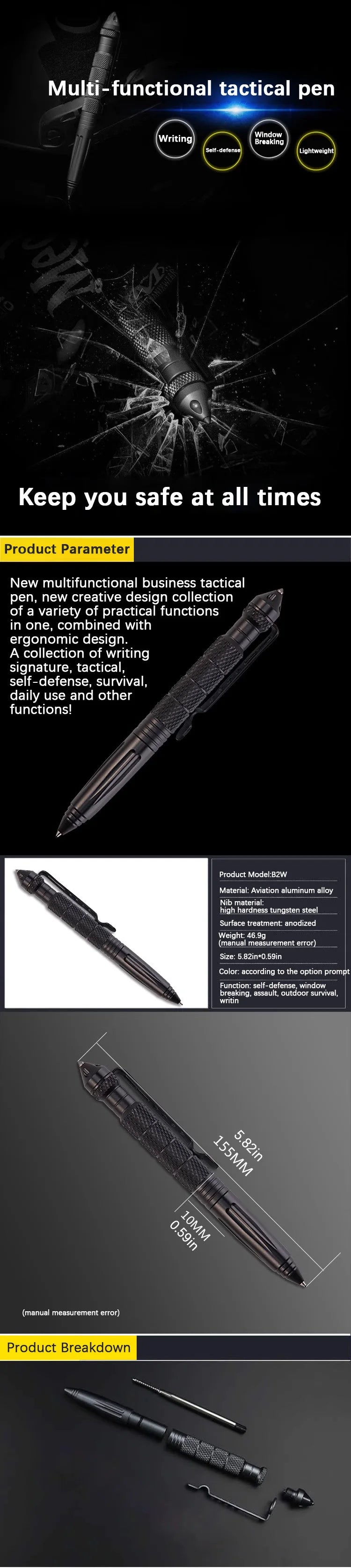 Multi-Function Tactical Pen Quality Steel Non-Slip Portable Self-Defense Aluminum Glass Breaker Survival Tool Writable