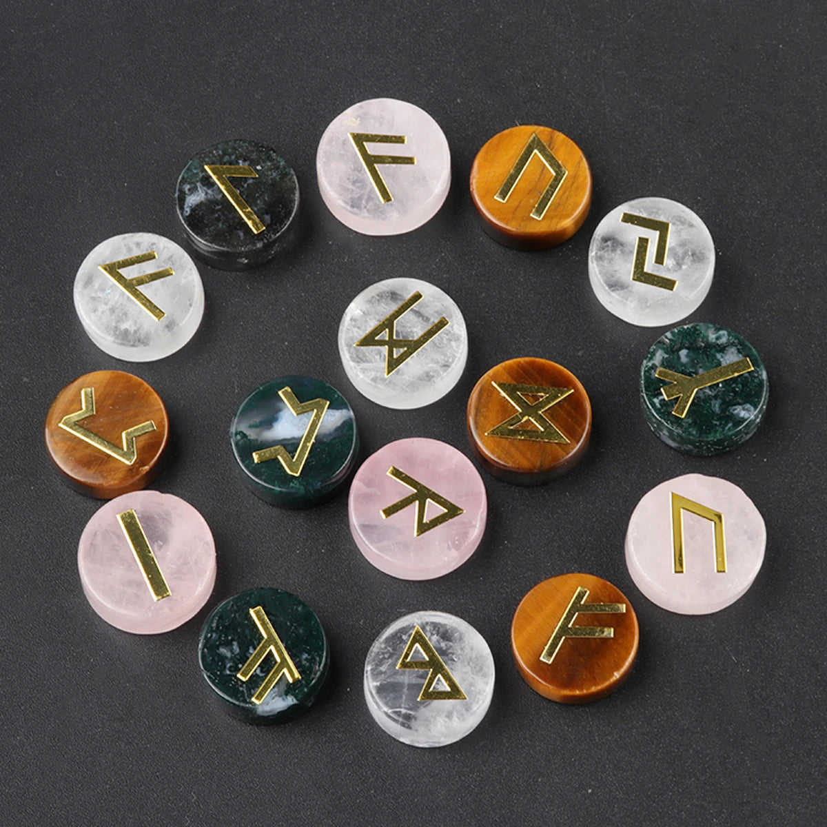 25pcs Natural Crystal Runes Signs Roundel Stone Runic Alphabets Letters Sacred Symbol Healing Gem Energy Amulet Reiki Chakra Set