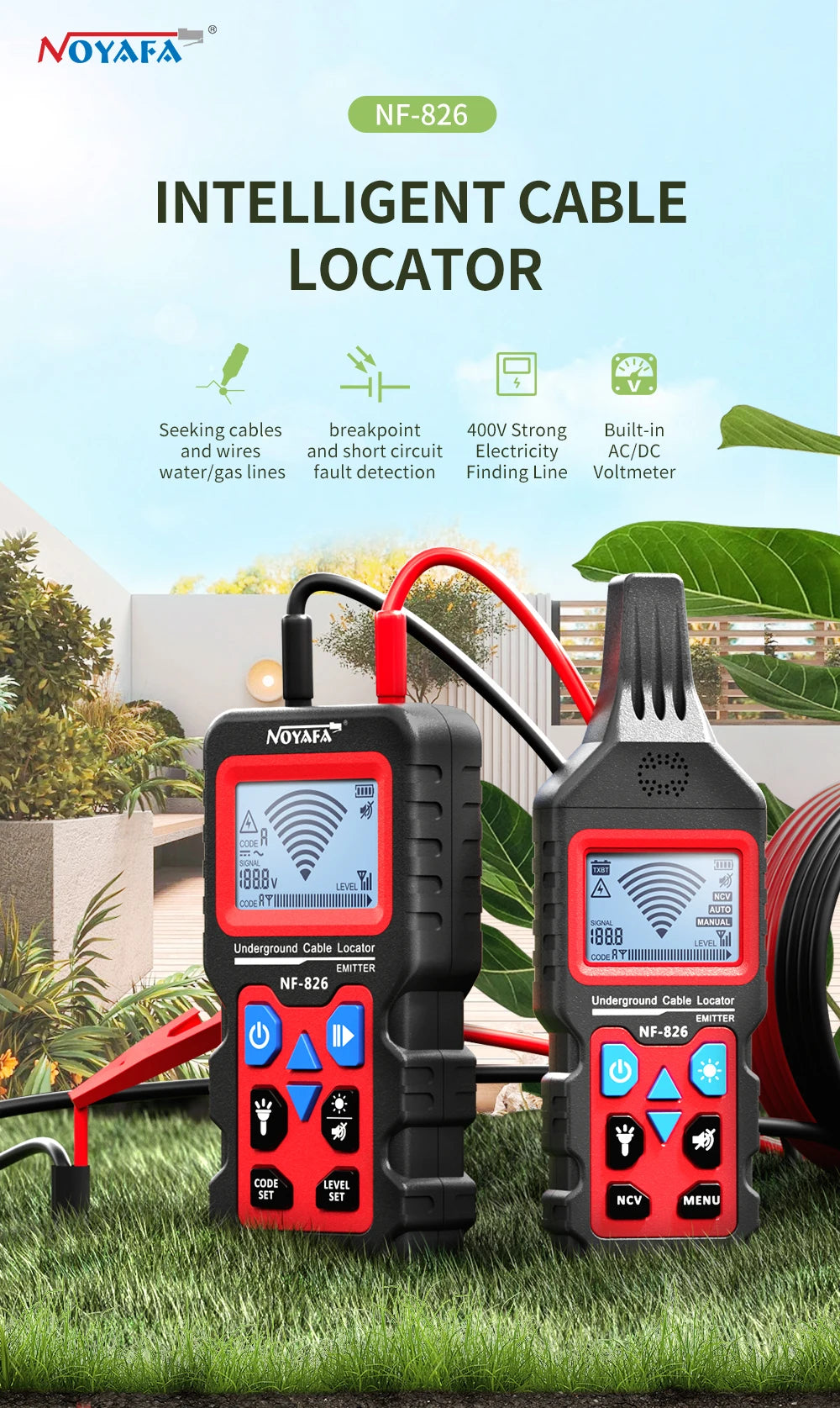 NOYAFA NF-826 Underground Cable Tester Locator Wire Tracker Detection Wall Electrical Lines Water and Gas Supply Pipeline Path