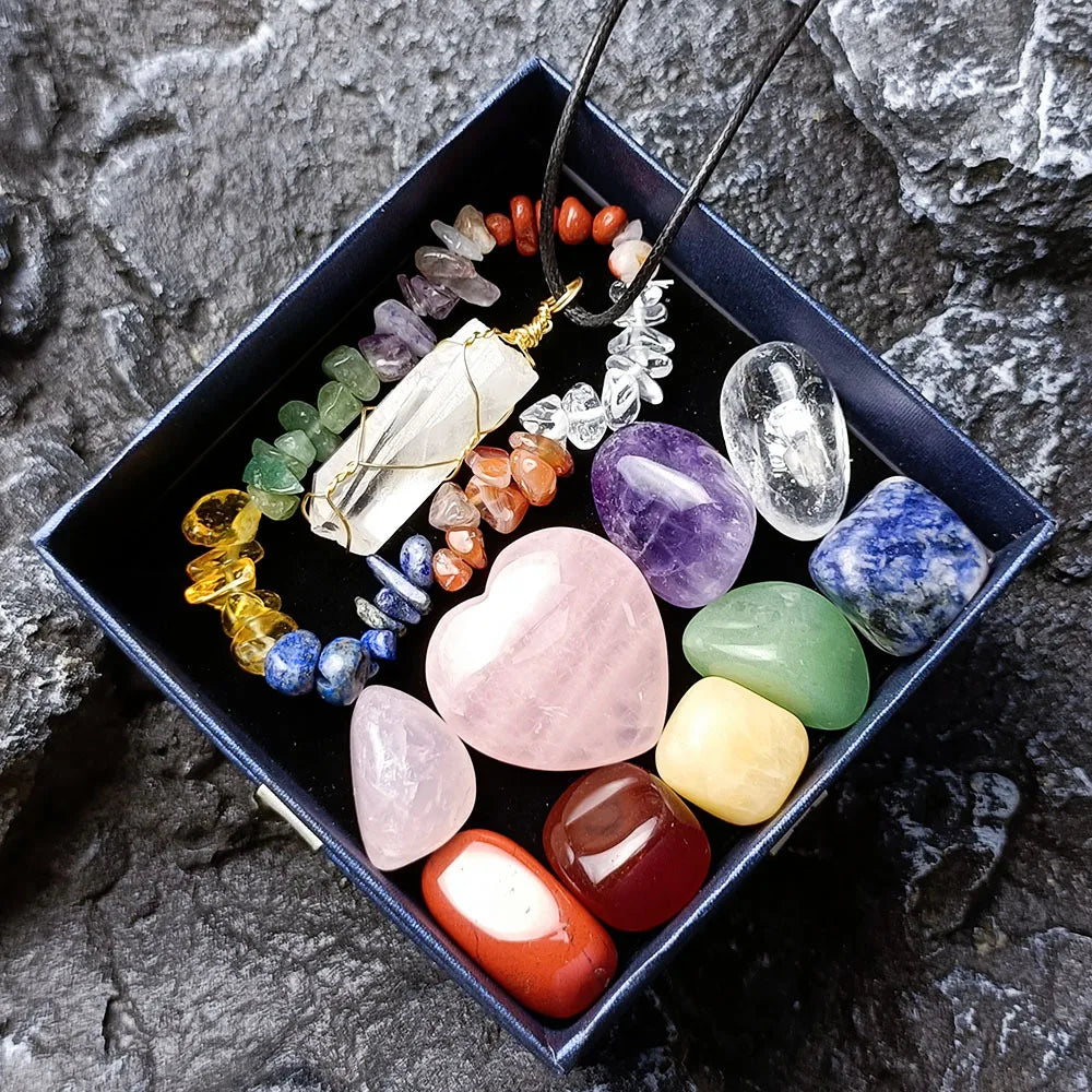 11pcs/Set with Gift Box Natural Healing Crystal Stone Chakras Bracelet Quartz Mineral Ornaments Crafts Hexagon Pendant Necklaces