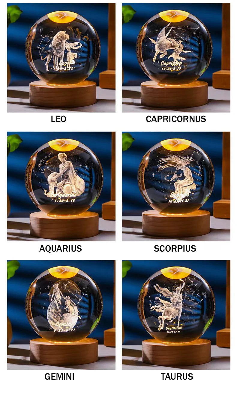 12 Constellation 3DGlass Craft Decoration Crystal Ball Laser Engraved Birthday  Solar System Gift Wooden Base Home Desktop Decor