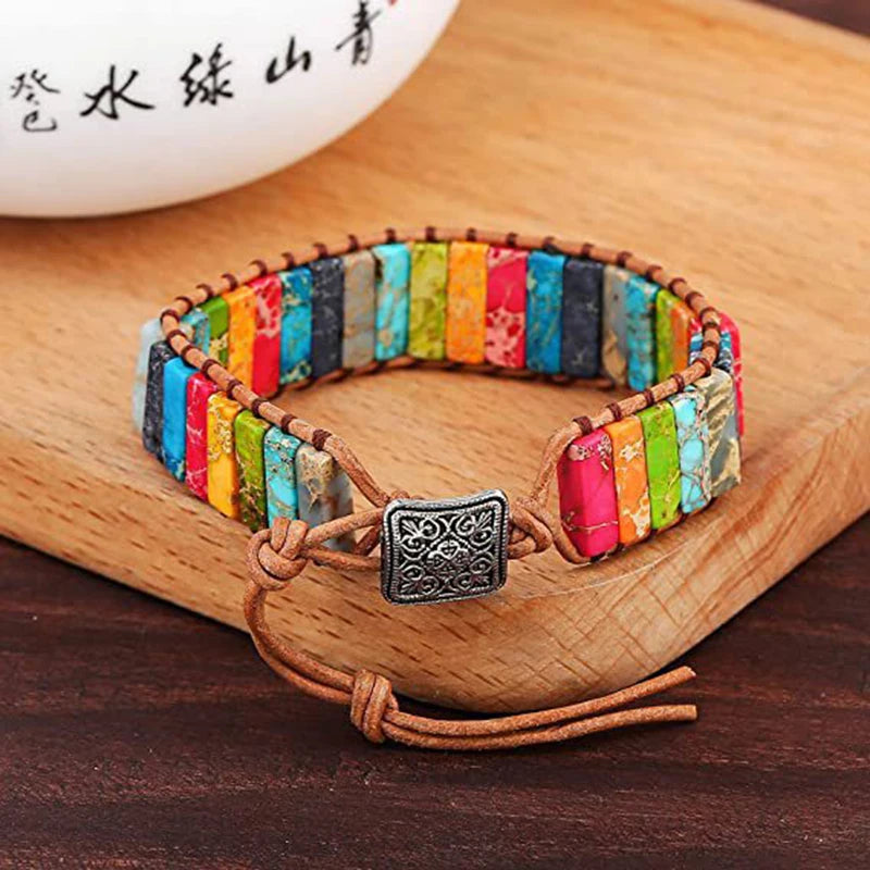 Bohemian Multicolor Emperor Stone Bracelet 7 Chakra Healing Rectangular Stones Bracelet Leather Rope Woven Bangle Wrist Jewelry