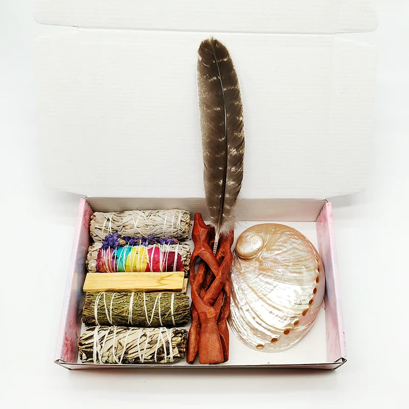 Home Cleansing & Smudging Kit with White Sage, Cedar, Rose Sage, Blue Sage, Palo Santo, Abalone & Stand, Smudge Feather Yoga Set