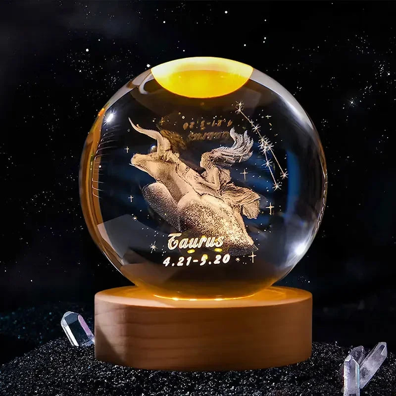 12 Constellation 3DGlass Craft Decoration Crystal Ball Laser Engraved Birthday  Solar System Gift Wooden Base Home Desktop Decor