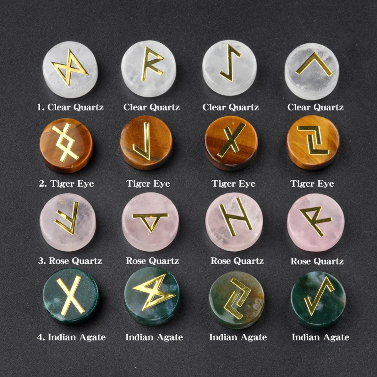 25pcs Natural Crystal Runes Signs Roundel Stone Runic Alphabets Letters Sacred Symbol Healing Gem Energy Amulet Reiki Chakra Set