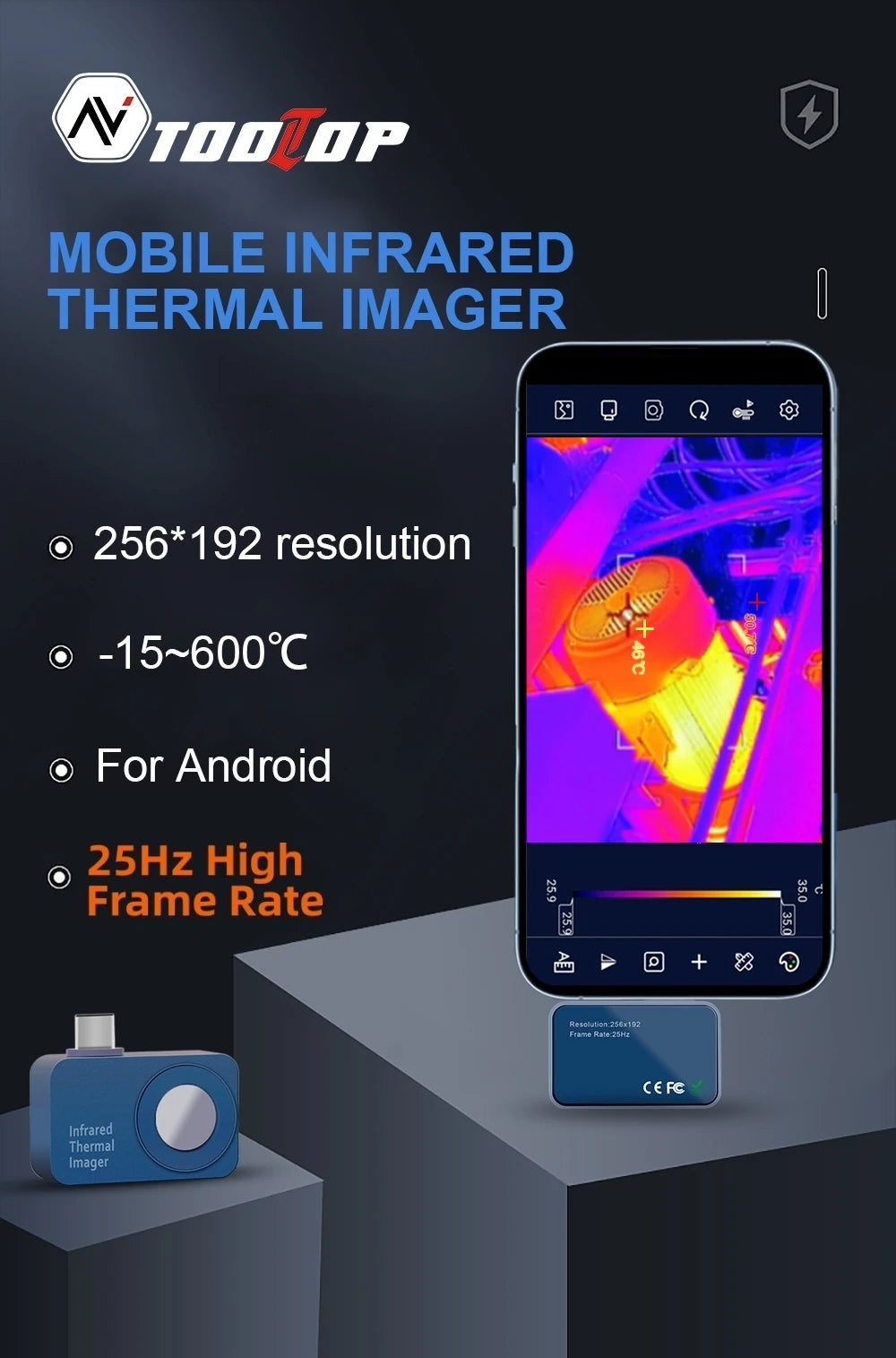 TOOLTOP T7 Mini Thermal Imager 256*192 25Hz Type-c Android Thermal Camera 15℃-600℃ Heating Detect Electrical Maintenance