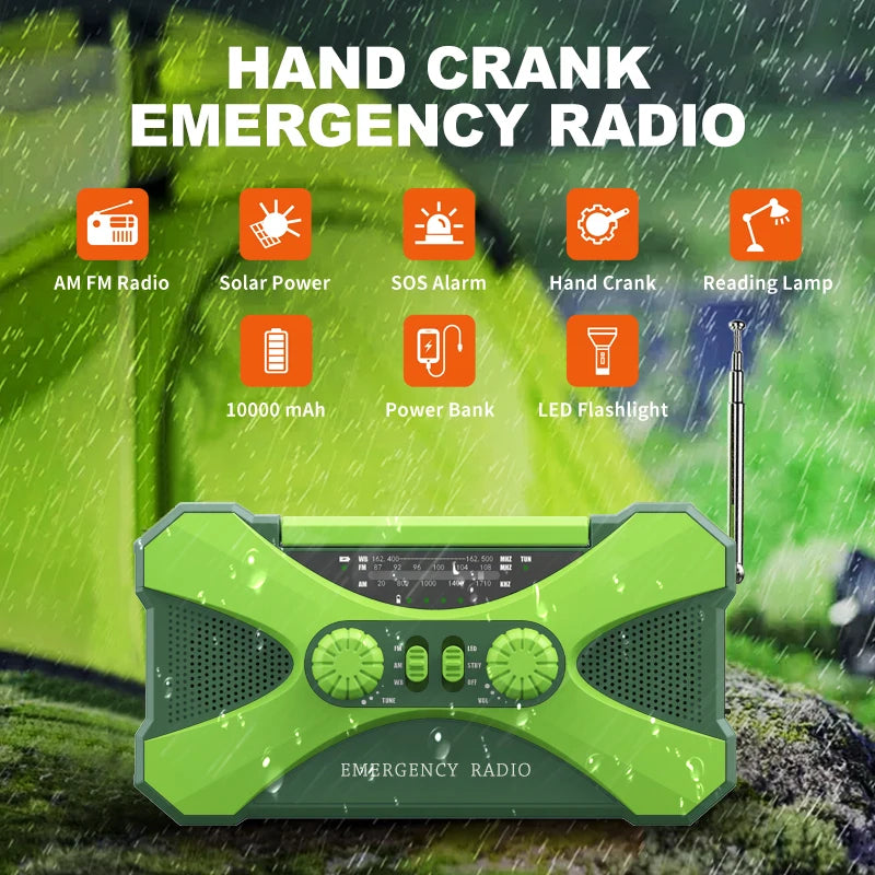 10000mAh Multifunctional Radio Hand Crank Solar USB Charging FM AM WB NOAA Weather Radio Emergency LED Flashlight Torch Power