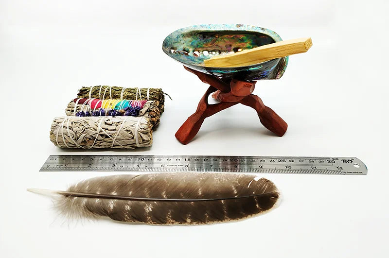 Home Cleansing & Smudging Kit with White Sage, Cedar, Rose Sage, Blue Sage, Palo Santo, Abalone & Stand, Smudge Feather Yoga Set