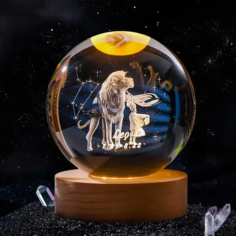 12 Constellation 3DGlass Craft Decoration Crystal Ball Laser Engraved Birthday  Solar System Gift Wooden Base Home Desktop Decor