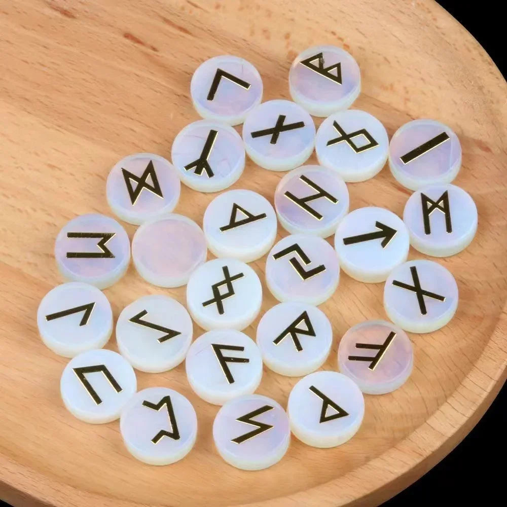 25pcs Natural Crystal Runes Signs Roundel Stone Runic Alphabets Letters Sacred Symbol Healing Gem Energy Amulet Reiki Chakra Set