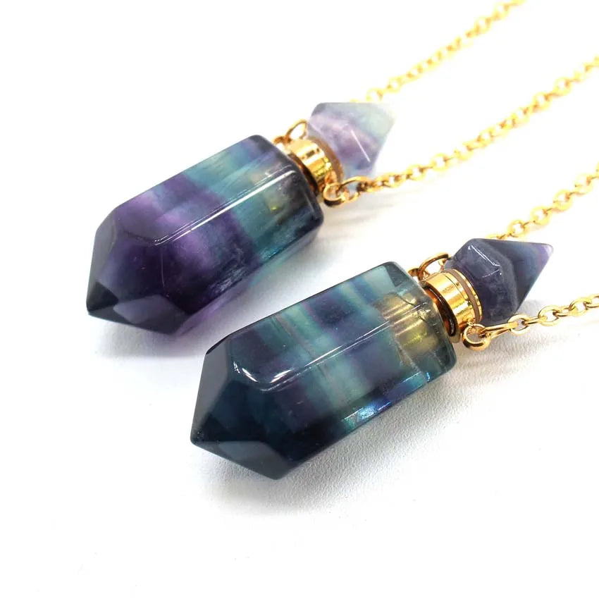 Natural Crystal Stone Perfume Bottle Pendants Necklace Fluorite Rose Pink Quartz Hexagon Point Essential Oil Diffuser Jewelry