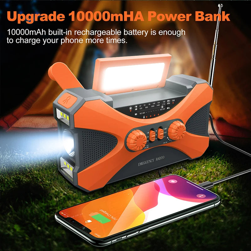 10000mAh Multifunctional Radio Hand Crank Solar USB Charging FM AM WB NOAA Weather Radio Emergency LED Flashlight Torch Power