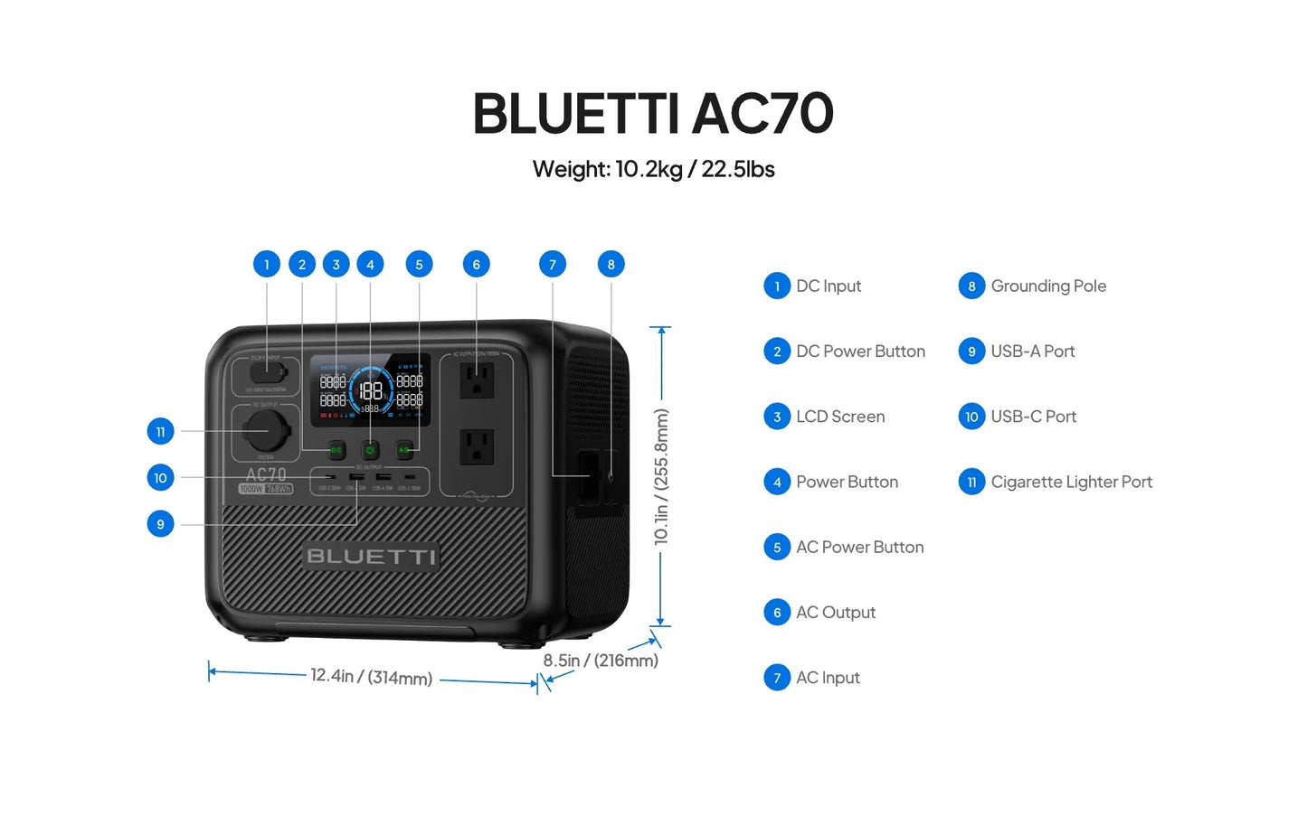 BLUETTI AC70 Portable Power Station – 768Wh, 1000W Output, 2000W Surge, Turbo Charging, Solar Compatible