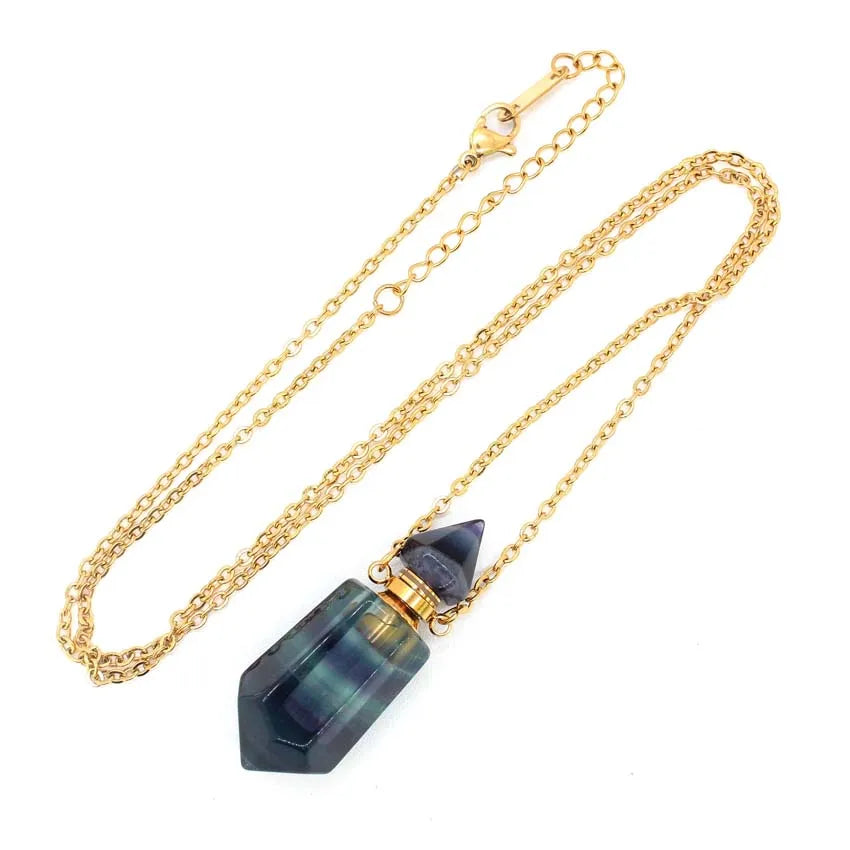 Natural Crystal Stone Perfume Bottle Pendants Necklace Fluorite Rose Pink Quartz Hexagon Point Essential Oil Diffuser Jewelry