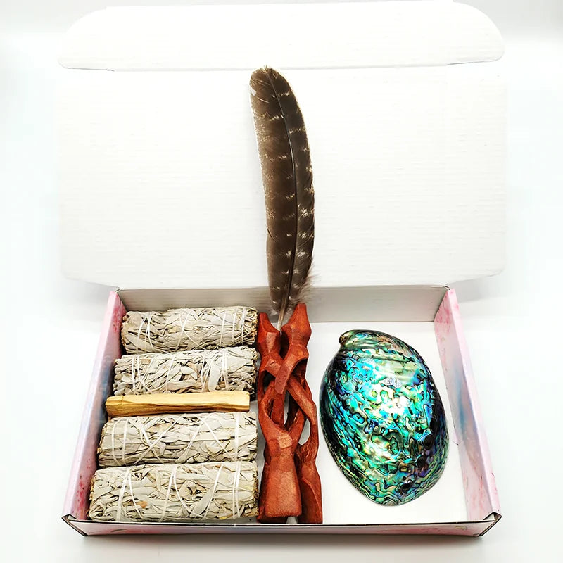 Home Cleansing & Smudging Kit with White Sage, Cedar, Rose Sage, Blue Sage, Palo Santo, Abalone & Stand, Smudge Feather Yoga Set