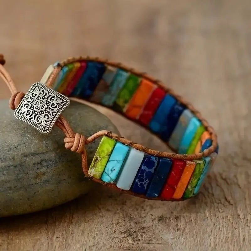 Bohemian Multicolor Emperor Stone Bracelet 7 Chakra Healing Rectangular Stones Bracelet Leather Rope Woven Bangle Wrist Jewelry