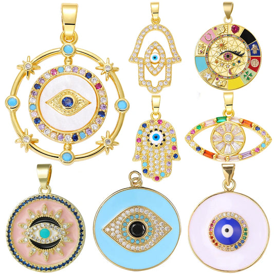 Juya Handmade 18K Real Gold Plated Hamsa Fatima Hand Greek Evil Eye Charms For DIY Trendy Enamel Pendant Talisman Jewelry Making