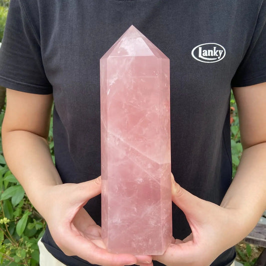 Natural Pink Rose Quartz Crystal Obelisk Wand Point Healing