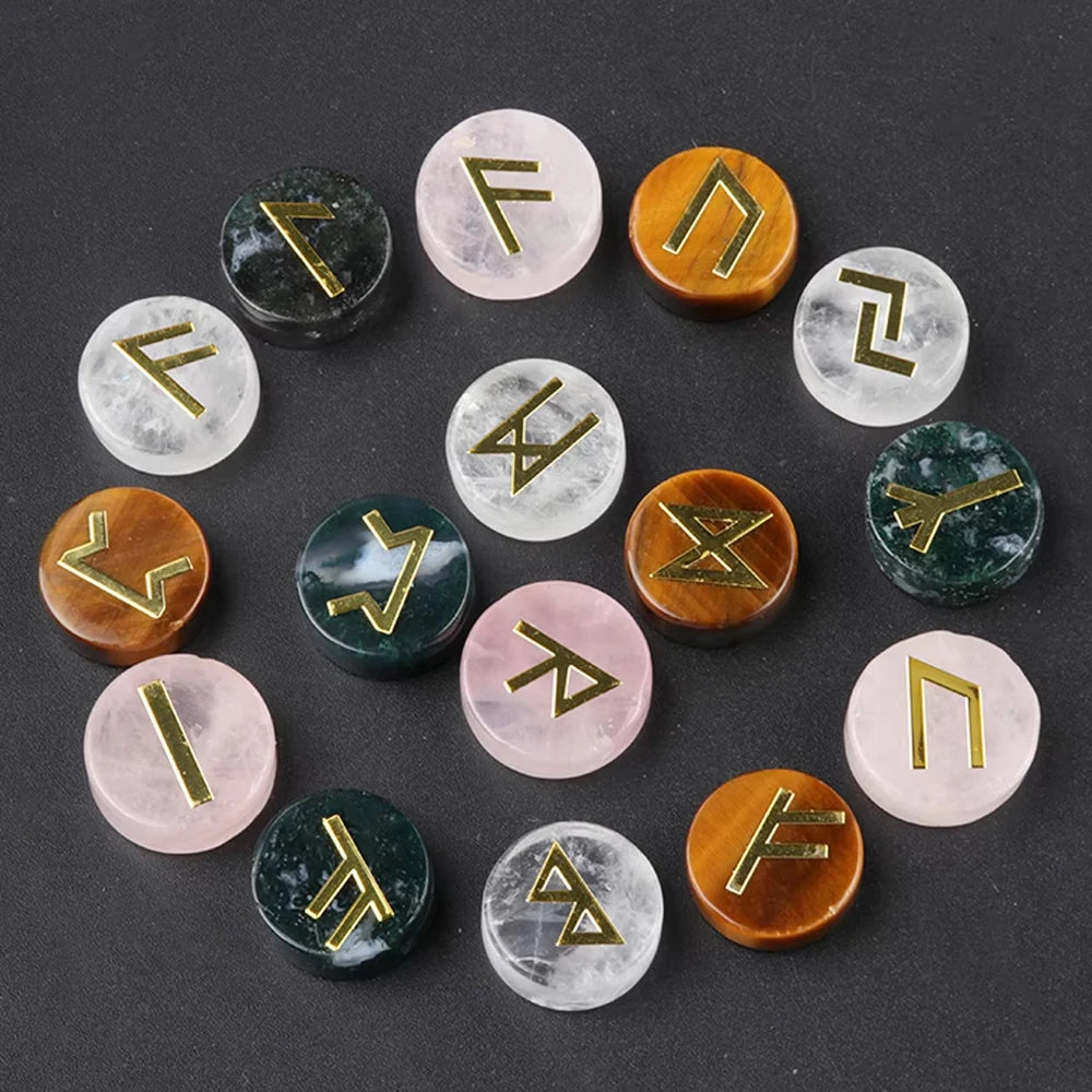 25pcs Natural Crystal Runes Signs Roundel Stone Runic Alphabets Letters Sacred Symbol Healing Gem Energy Amulet Reiki Chakra Set