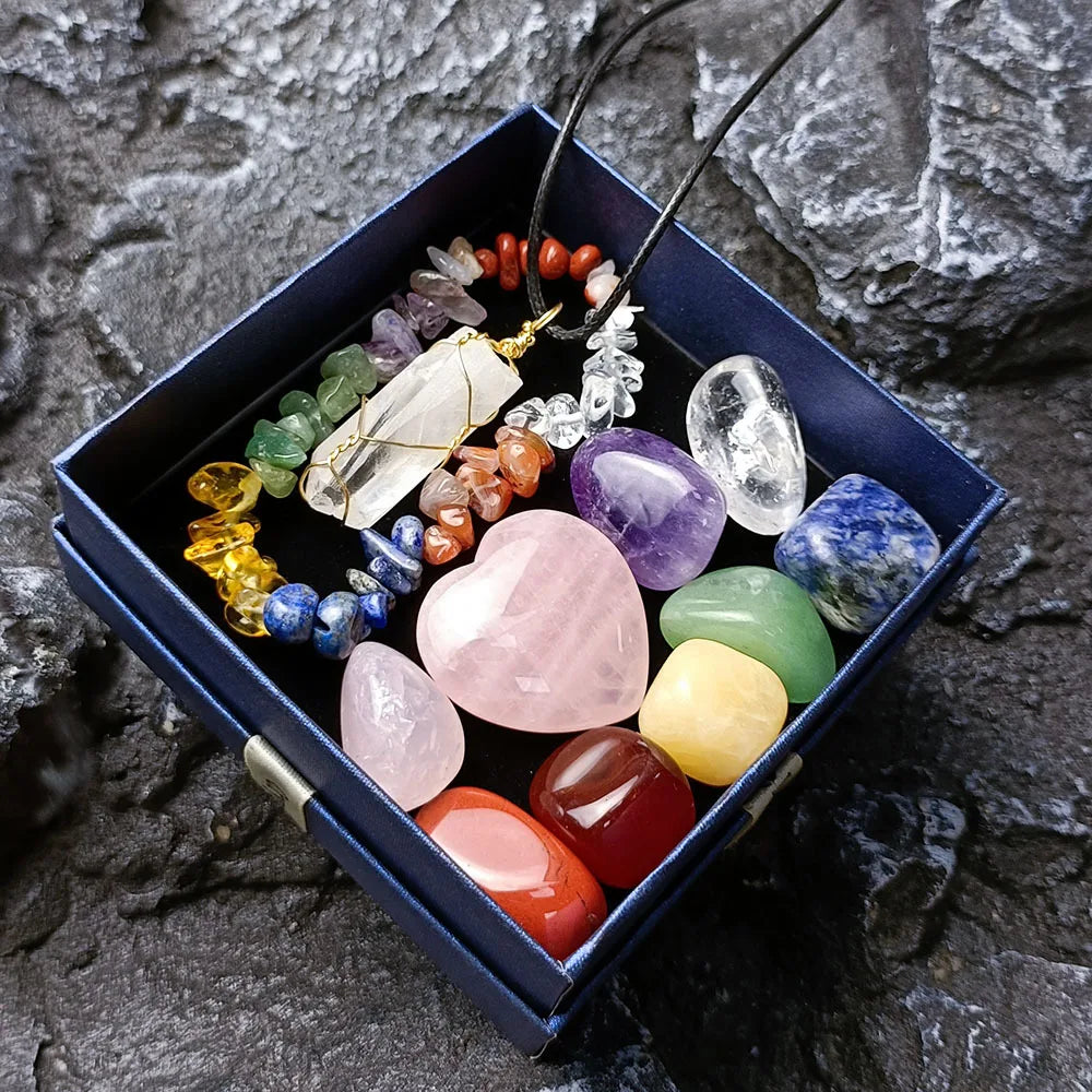 11pcs/Set with Gift Box Natural Healing Crystal Stone Chakras Bracelet Quartz Mineral Ornaments Crafts Hexagon Pendant Necklaces