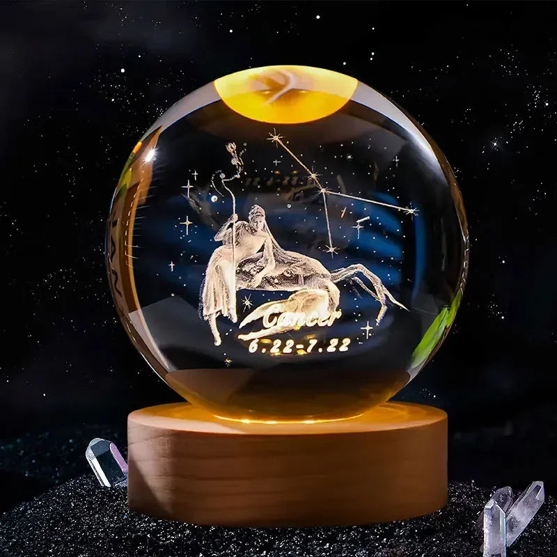 12 Constellation 3DGlass Craft Decoration Crystal Ball Laser Engraved Birthday  Solar System Gift Wooden Base Home Desktop Decor