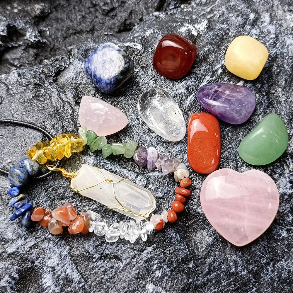 11pcs/Set with Gift Box Natural Healing Crystal Stone Chakras Bracelet Quartz Mineral Ornaments Crafts Hexagon Pendant Necklaces